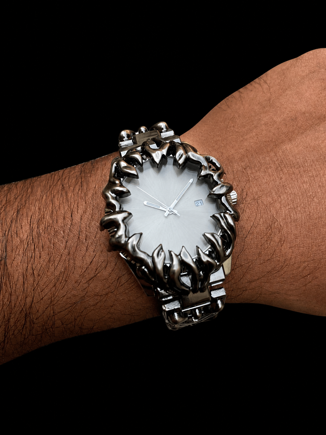 Crimson Eclipse – Gothic Pearl White Dial Metal Watch
