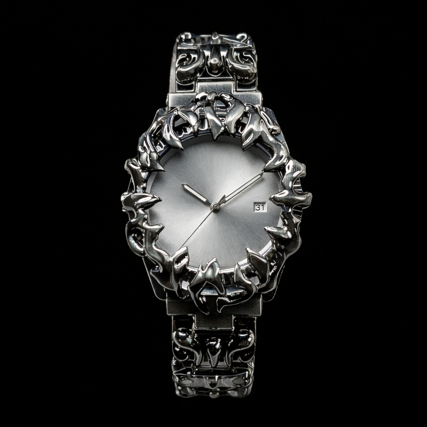 Crimson Eclipse – Gothic Pearl White Dial Metal Watch
