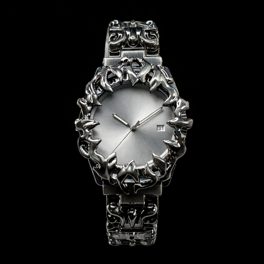 Crimson Eclipse – Gothic Pearl White Dial Metal Watch