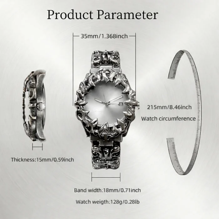 Crimson Eclipse – Gothic Pearl White Dial Metal Watch - Image 3
